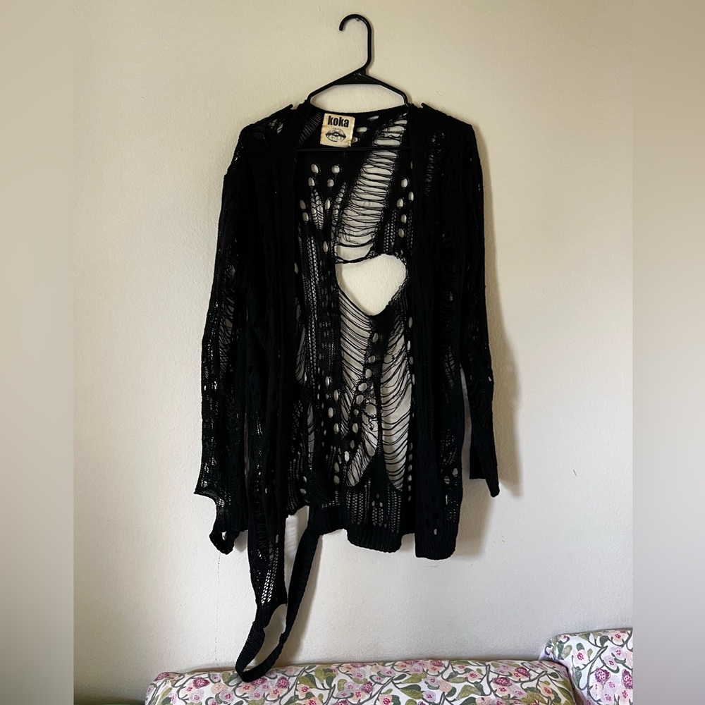 KOKA distressed black knit cardigan, oversized small